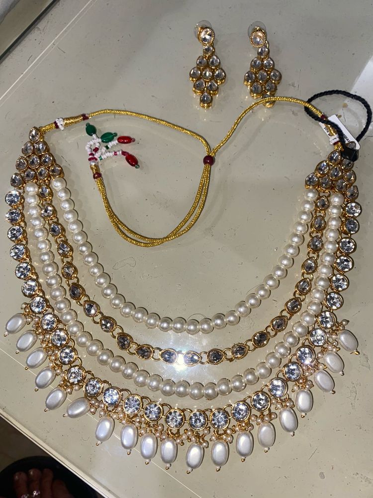 Royal Kundan Pearl Multi Layer Necklace Earing Set