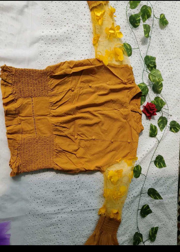 Mustard Top with Floral Sleeve Detail