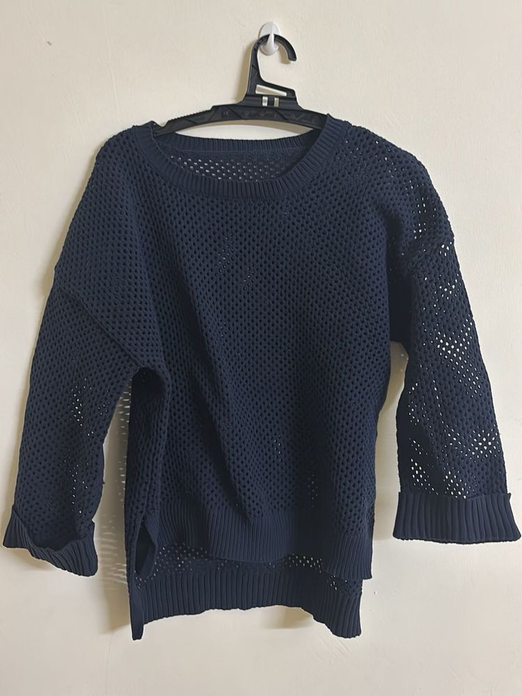Navy Blue Mesh Knit Sweater