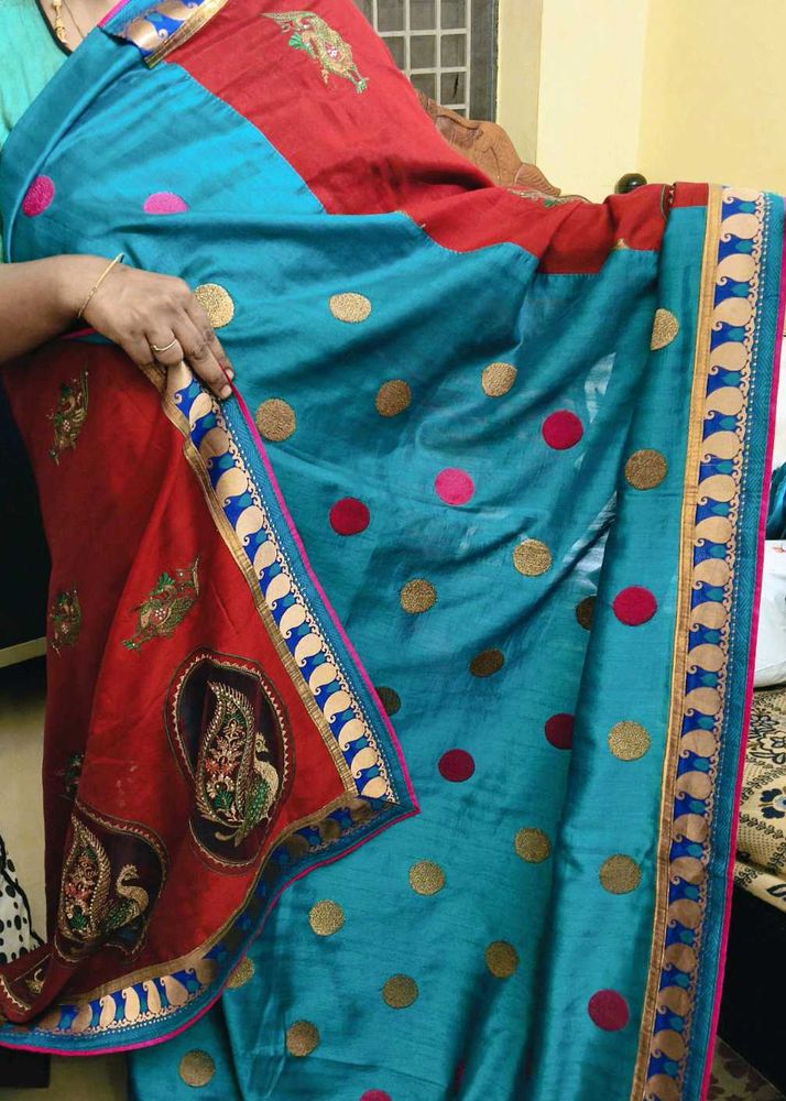 Teal Saree with Polka Dots &amp; Blouse