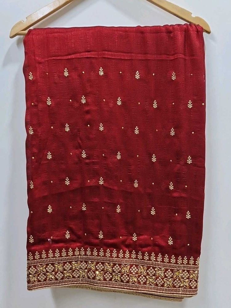 NEW Maroon Embroidered Silk Saree