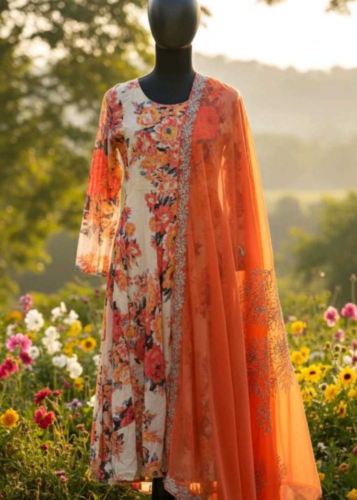 Floral Suit With Net Embroidered Dupatta