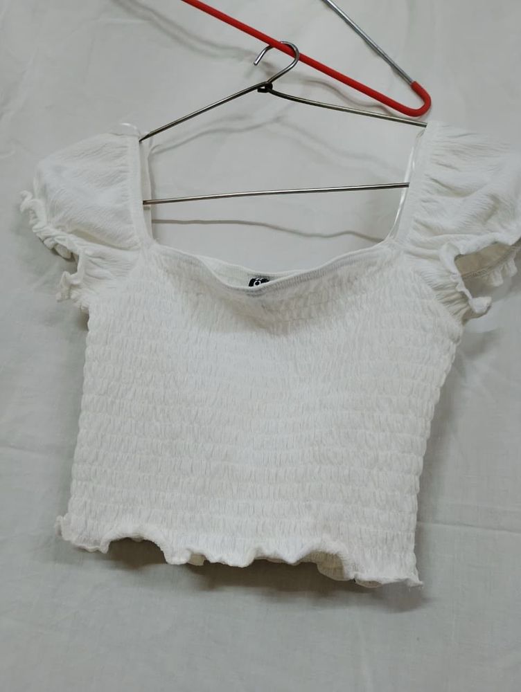 Chic White Smocked Puff Sleeve Top