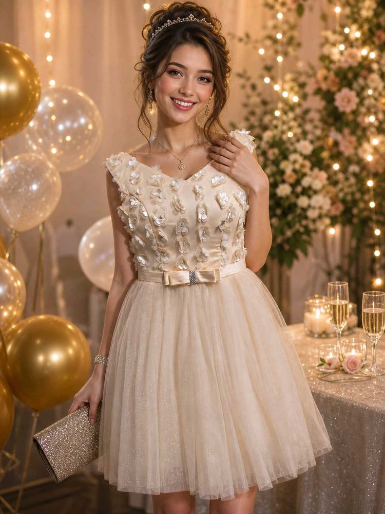Elegant Cream Party Dress with Embellishments