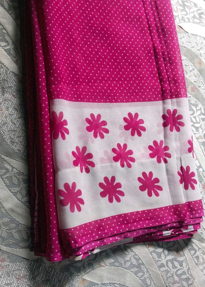 Pink Polka Dot Saree with Floral Border