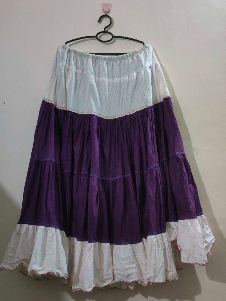 Purple And White Long Flared Skirt