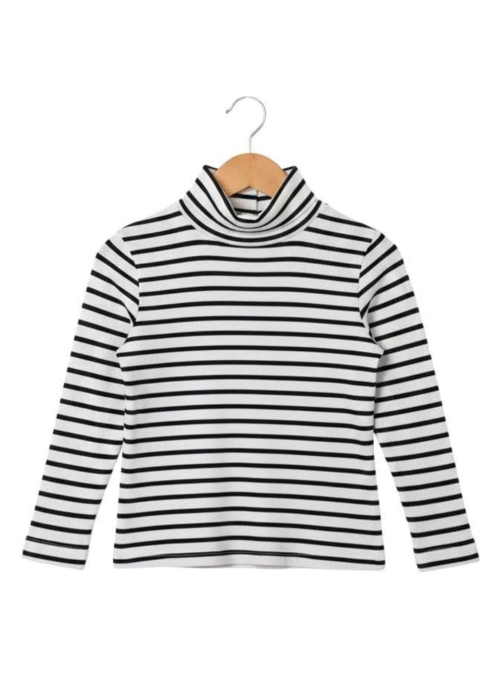 Classic Black &amp; White Striped Mock Neck Long Sleev
