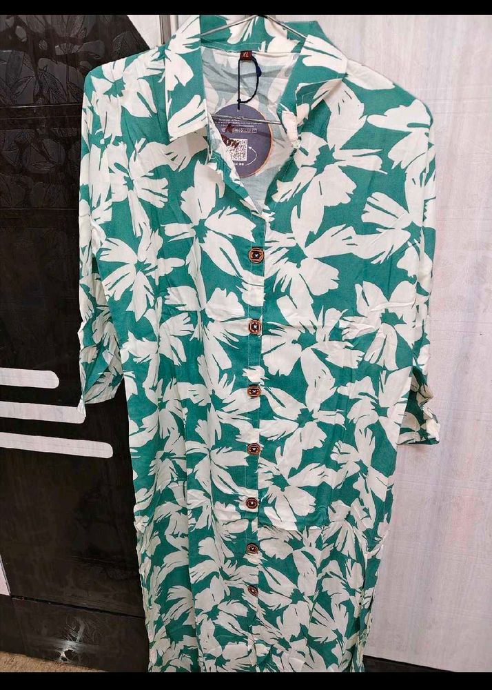 Green Floral Button-Up Shirt Dress