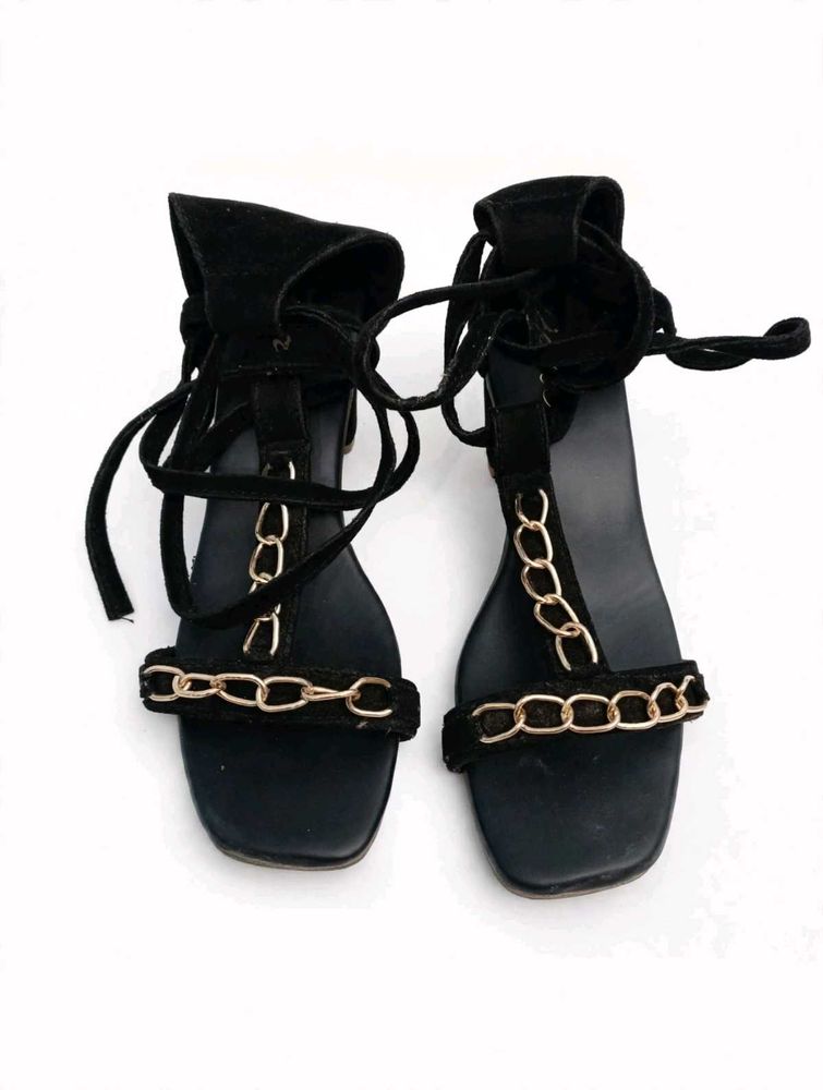 Black Chain Detail Lace-Up Sandals