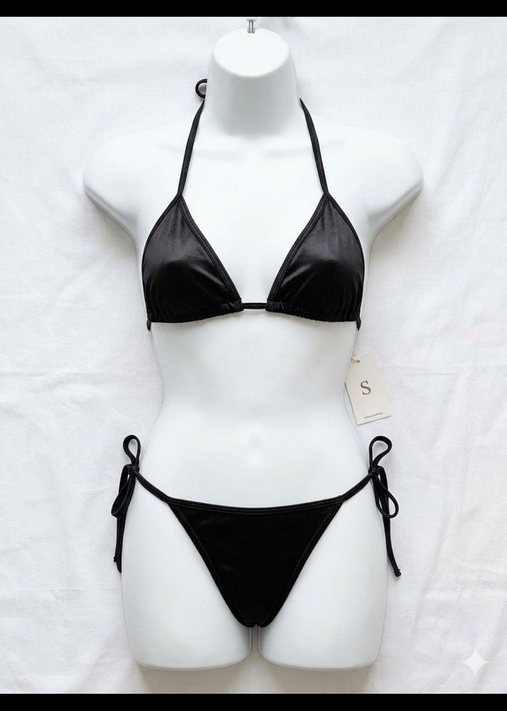 Black Halter Satin Bikini Set