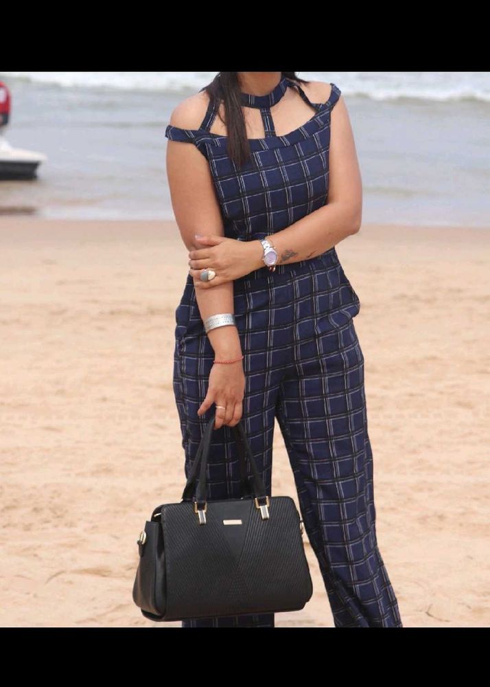 Chic Plaid Cold Shoulder Jumpsuit