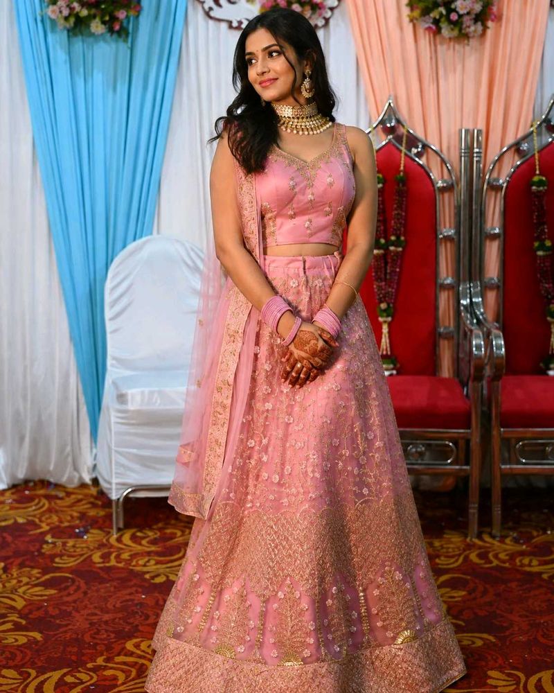 Light Pink Embroidered Netted Anarkali Suit