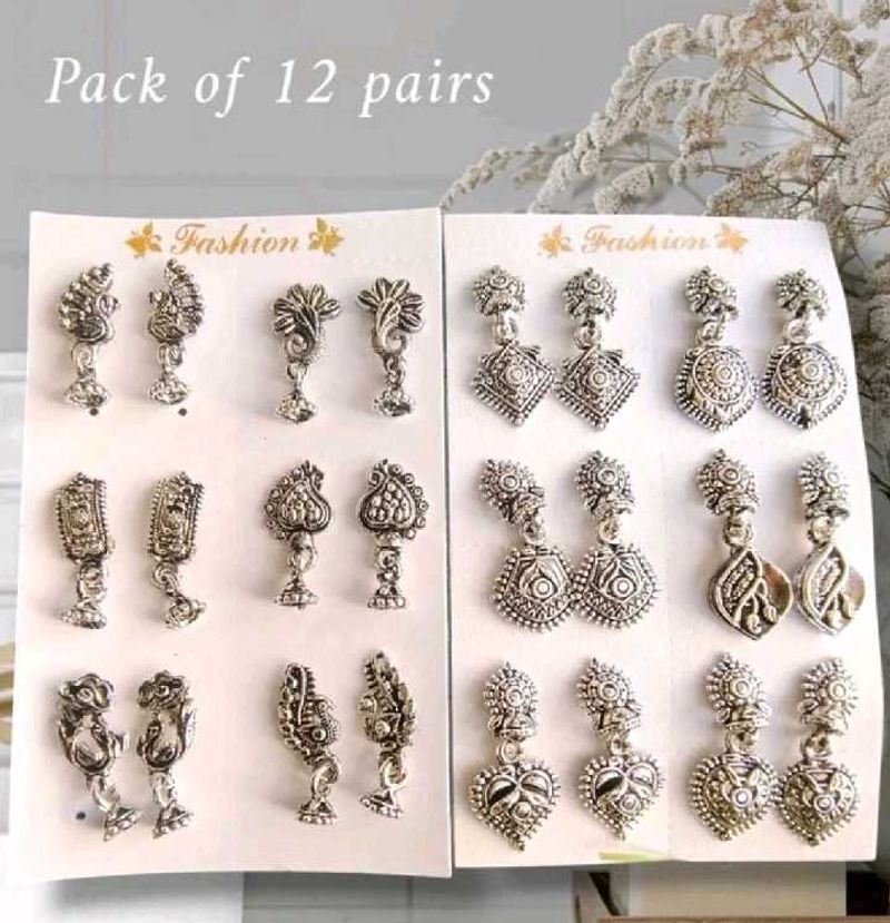 Pack of 12 Pairs Oxidized Ethnic Earrings