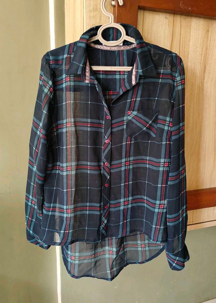 Plaid Sheer Button-Down Top