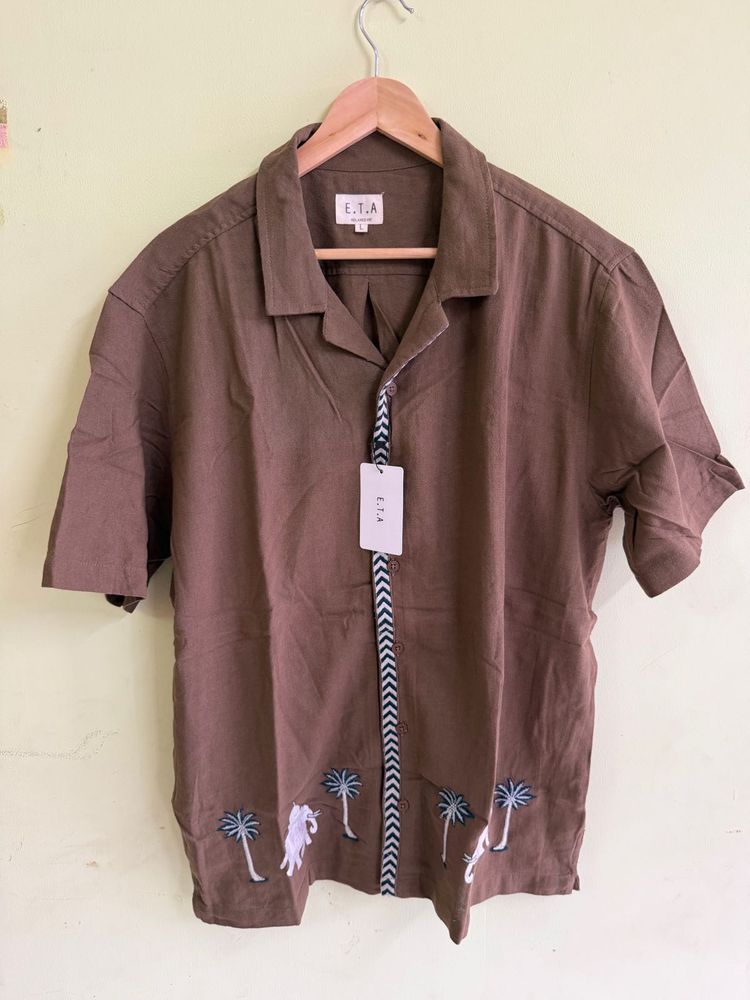 Men's Brown Embroidered Palm Tree Shirt
