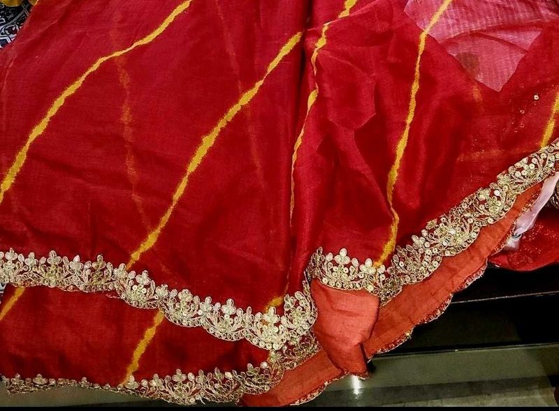 Red Bandhani Saree with Embellished Border