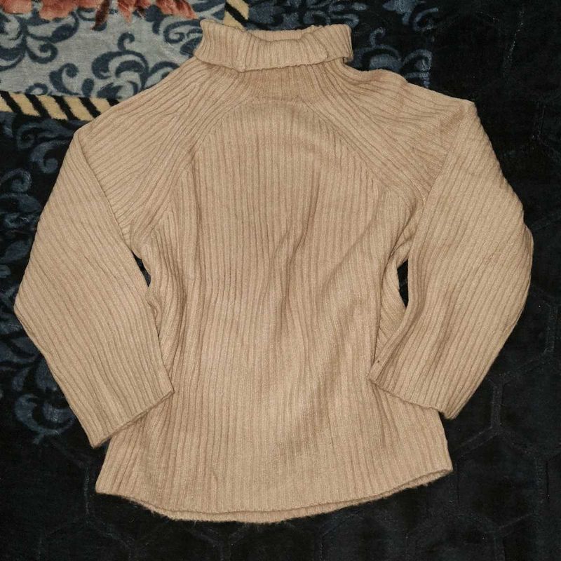 Beige Ribbed Knit Turtleneck Sweater