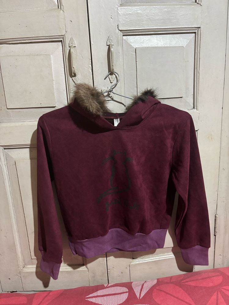 Maroon Faux Fur Trimmed Hoodie