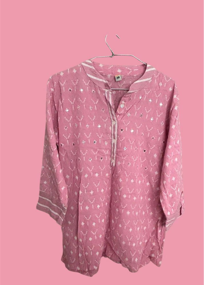 Pink Print Kurta With Mirror Work