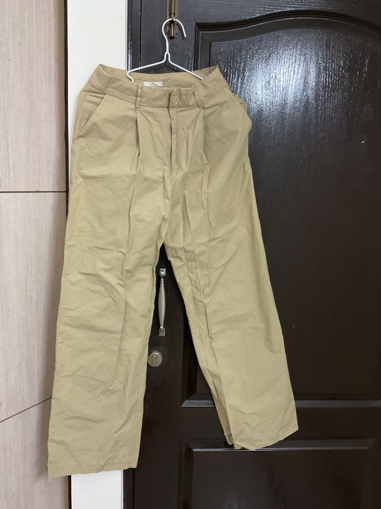 Khaki Pleated Wide-Leg Trousers