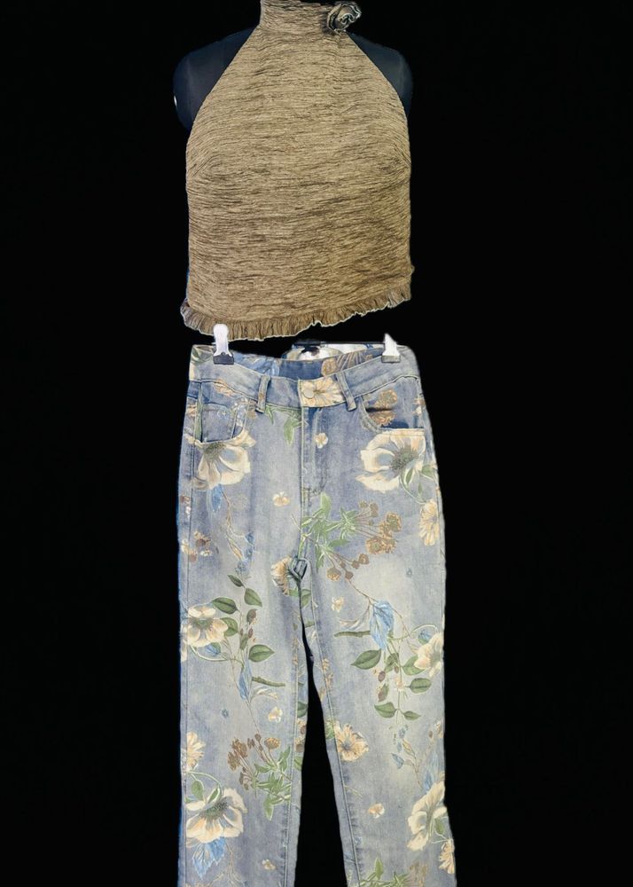 Chic halter top and floral jeans set