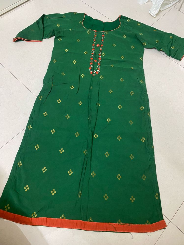 Green Kurta with Gold Print