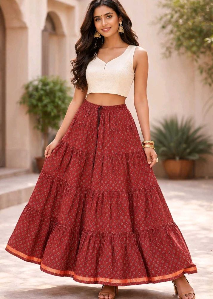 Elegant Maroon Printed Tiered Long Skirt