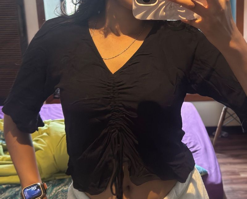 Black Ruched V-Neck Top