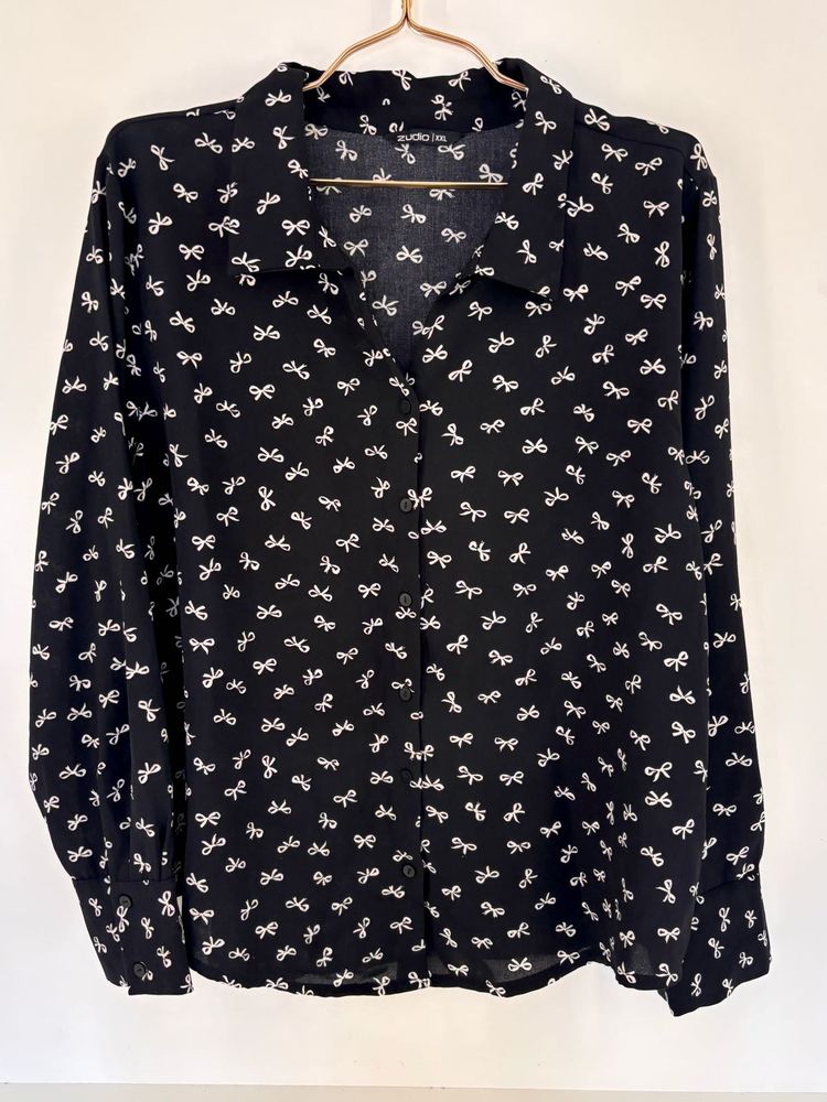 Black Bow🎀 Print Button-Up Shirt