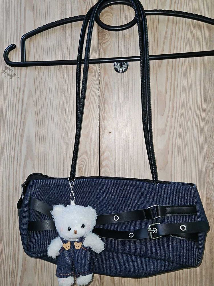 Denim Shoulder Bag with Teddy Charm