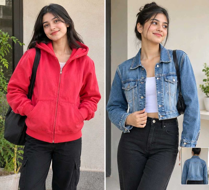 Women’s Jacket Combo | Red Hoodie + Denim Jacke