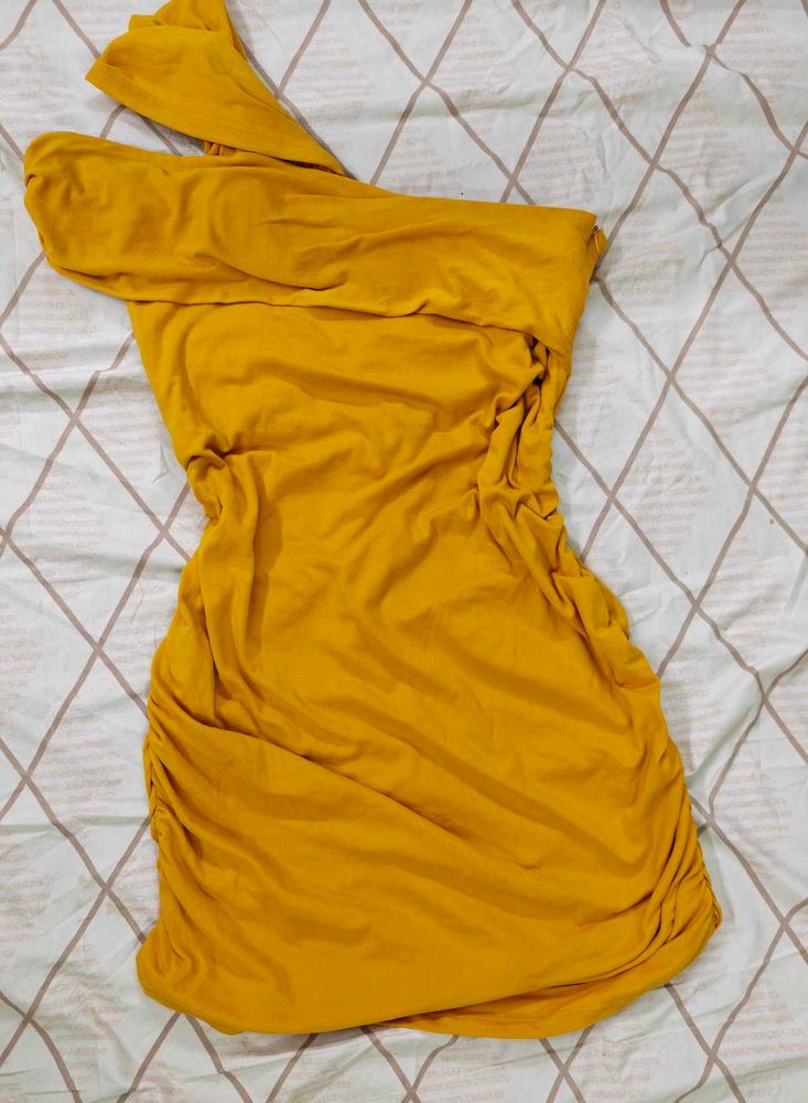 Mustard One-Shoulder Ruched Dress