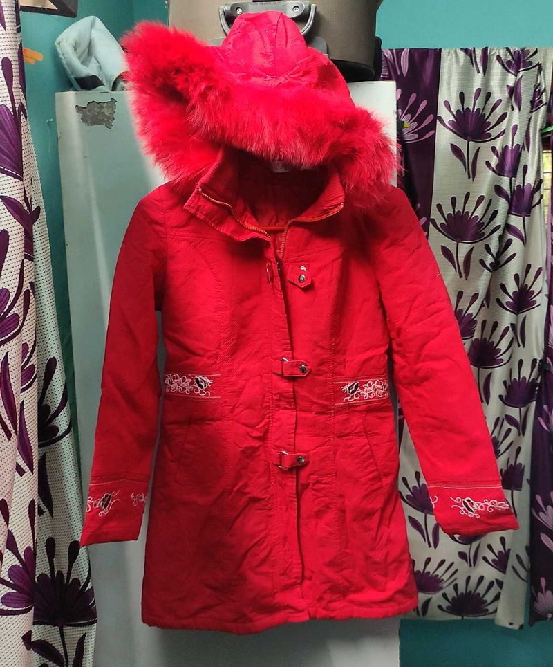 Red Faux Fur Detachable Hooded Jacket