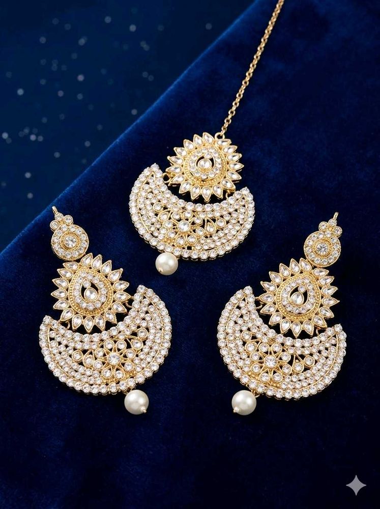 Elegant Kundan &amp; Pearl Maang Tikka Set