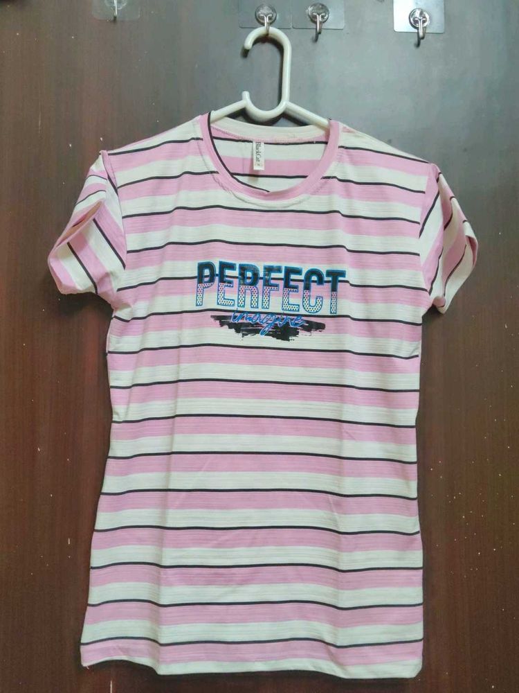 Striped Pink T-Shirt with "Perfect" Graphic