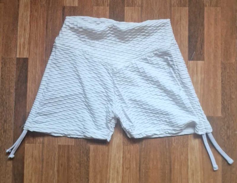 White Textured High-Waisted Shorts with adjustable