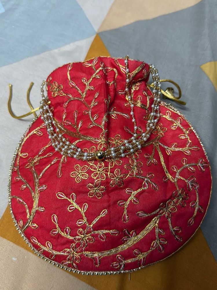 brand new Red &amp; Gold Embroidered Potli Bag
