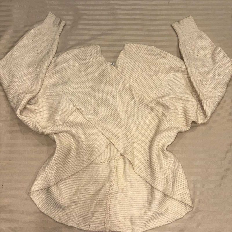Cream Ribbed Wrap Sweater