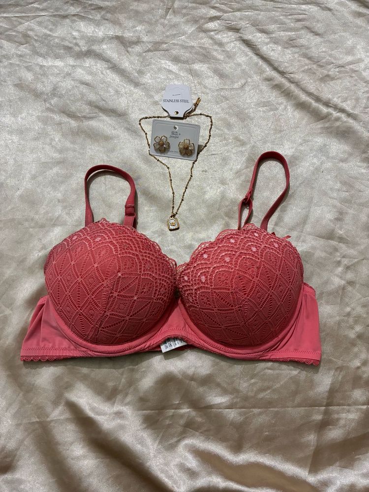 Coral Lace Balconette Bra.