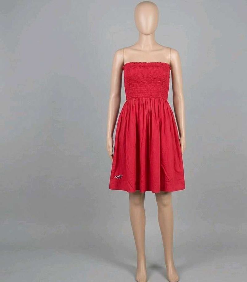 Red Strapless Smocked Dress