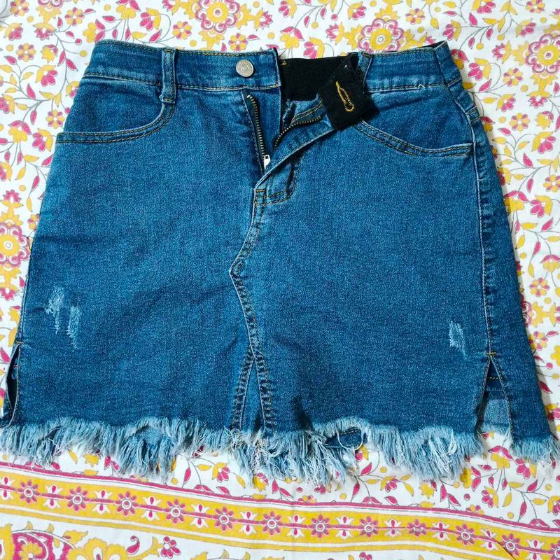 Blue Denim Fringed Mini Skirt