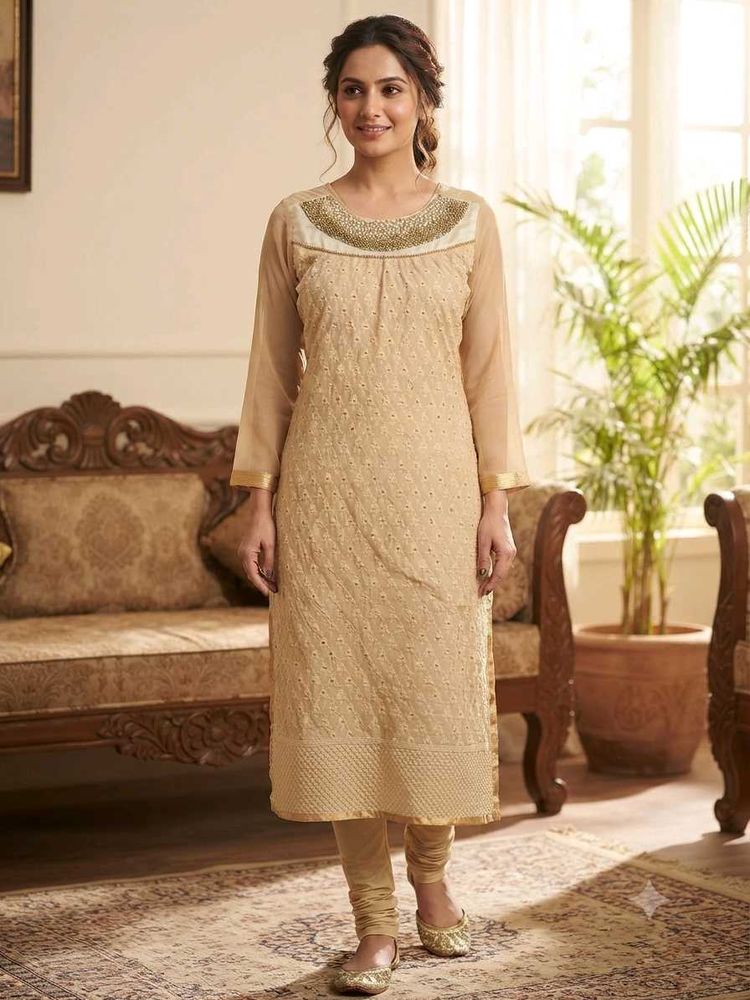 Elegant Beige Kurta with Embellished Neckline