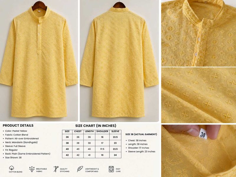 Men's Pastel Yellow Embroidered Kurta with pajama