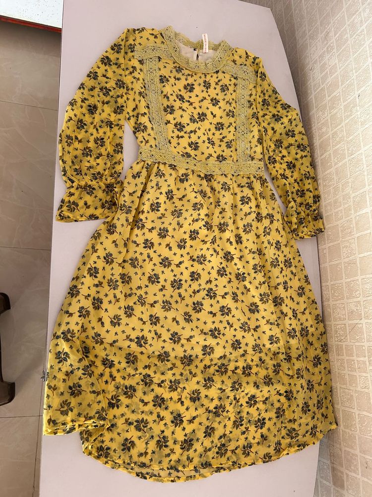 Yellow Floral Midi Dress with Lace Detail