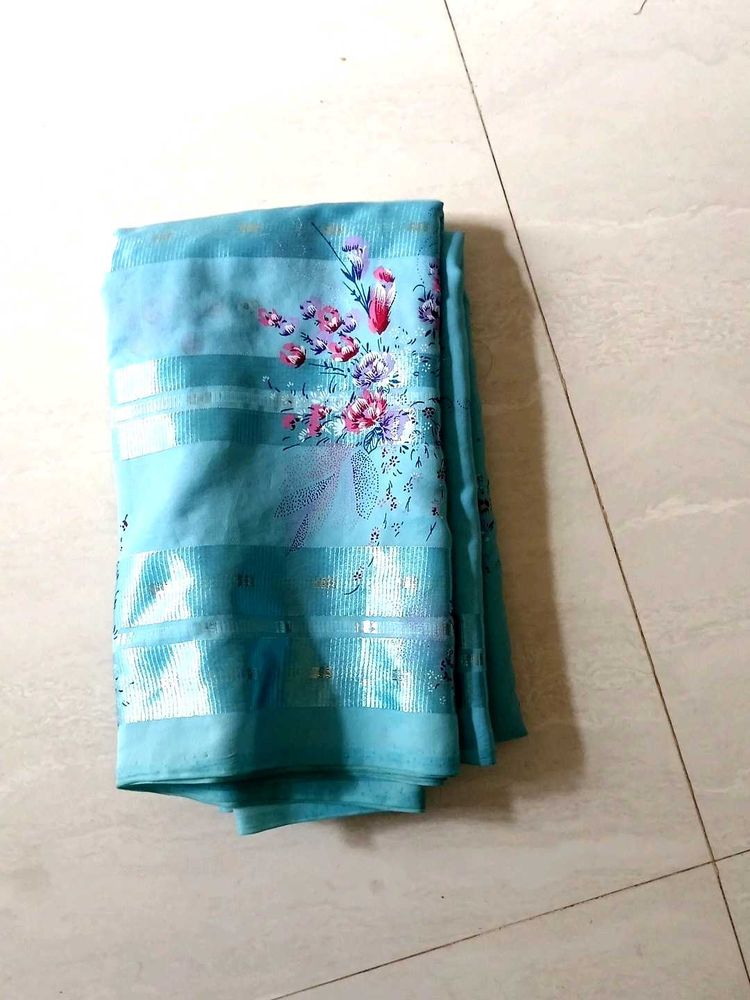 Beautiful Blue Floral Print Saree