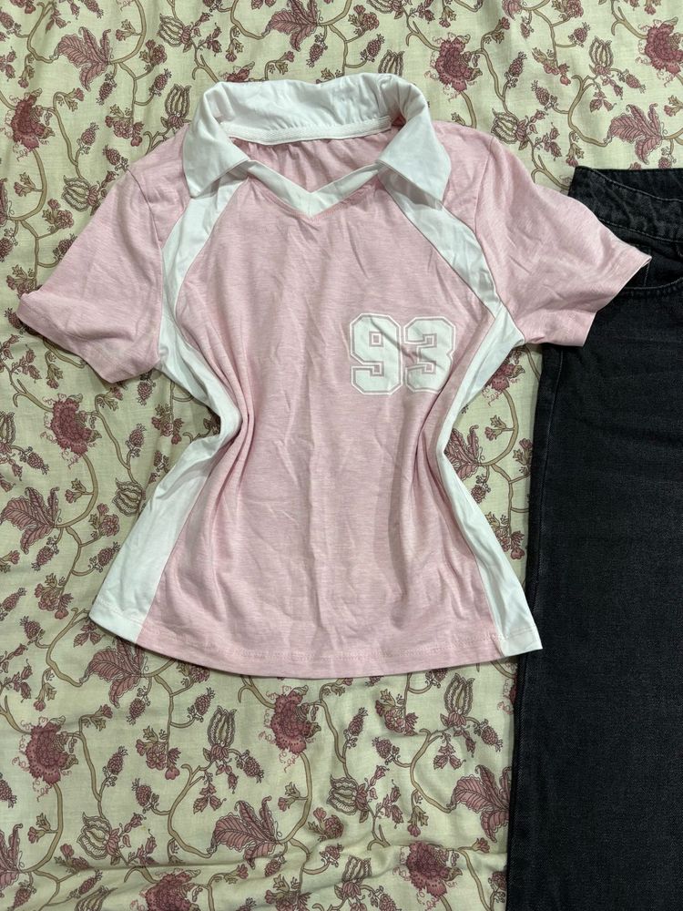 Pink &amp; White "93" Polo crop top