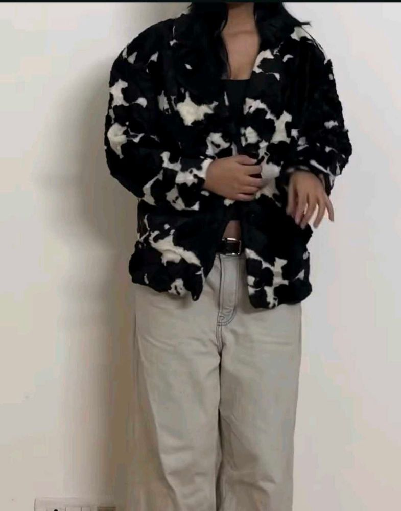 Cow Print Faux Fur Coat