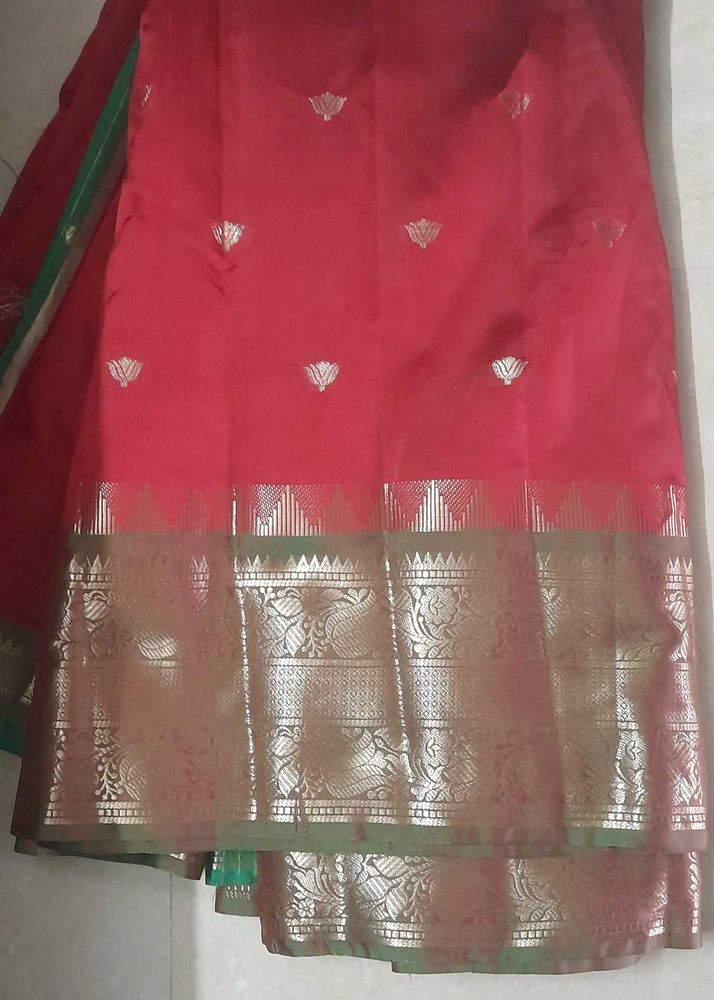 Vibrant Red Silk Saree with Golden Border