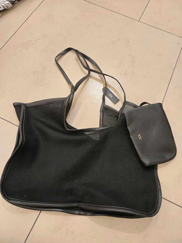 Chic Black Mesh Tote Bag with Pouch