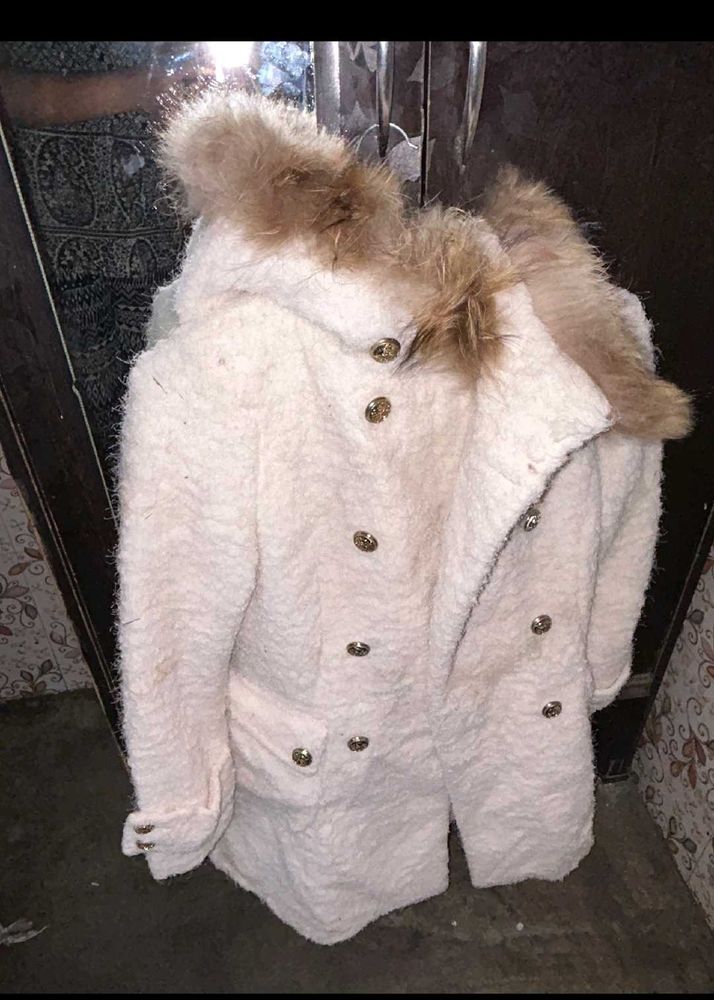 Cream Fuzzy Coat with Fur Hood